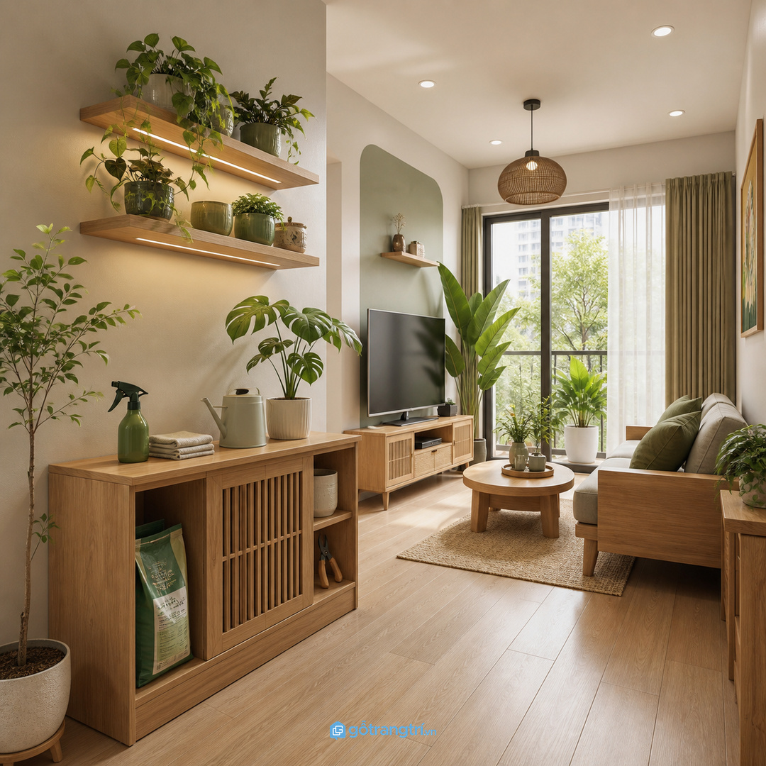 Tủ thấp cánh kín giúp phòng khách sạch mắt mà vẫn thuận tay chăm cây.