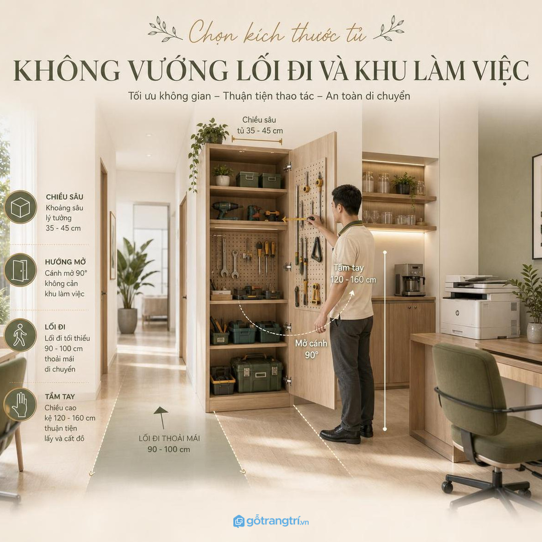 Kích thước tủ cần không vướng lối đi và khu làm việc