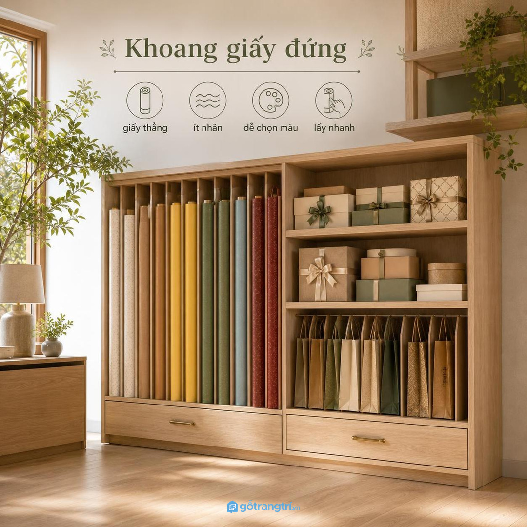 Khoang đứng giữ giấy gói quà thẳng, ít nhăn và dễ chọn màu