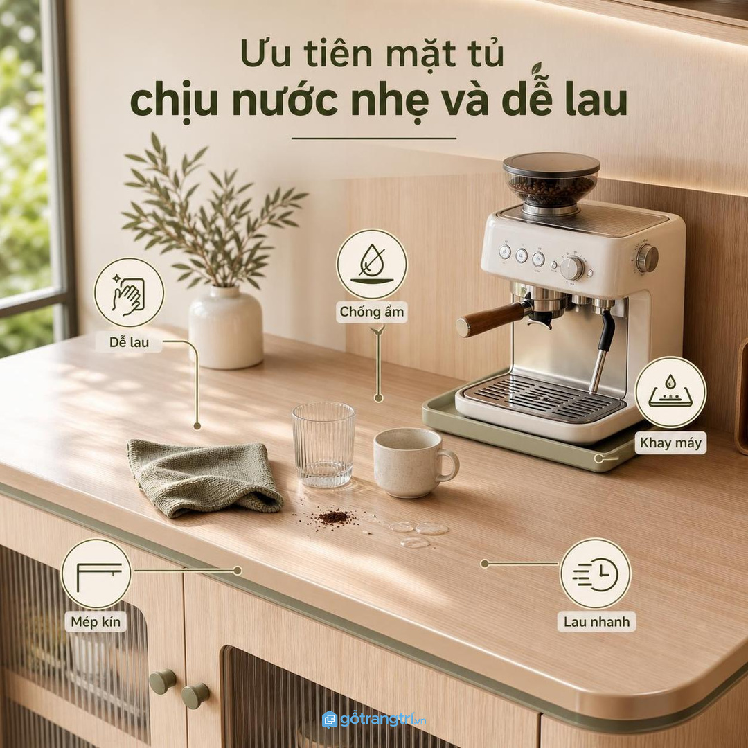 Mặt tủ chịu nước nhẹ và dễ lau giúp góc cà phê bền hơn