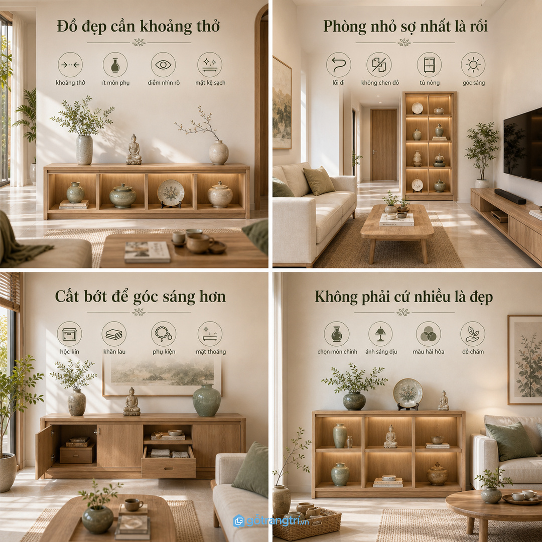 Đo bình gốm, đĩa, tượng và chiều sâu tủ trước khi đặt làm