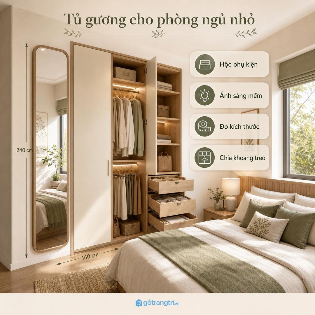 Chia khoang treo, hộc phụ kiện và ngăn đồ mặc lại để góc thay đồ dùng nhanh