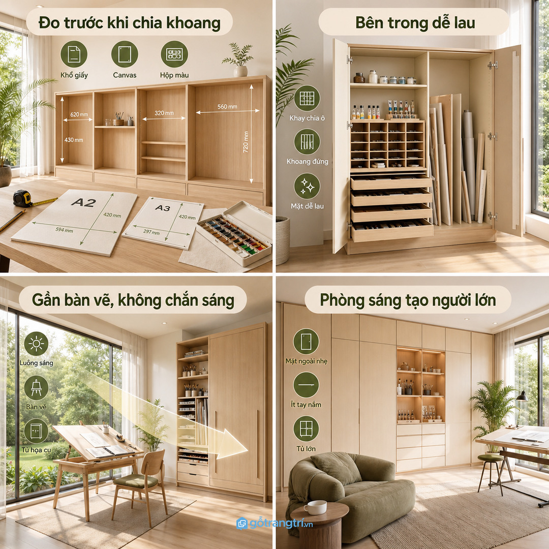Chọn mặt trong dễ lau, khay chia ô và khoang đứng cho tranh