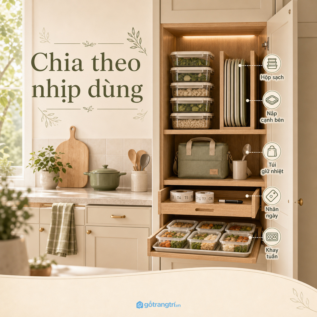 Chia hộp nắp túi theo nhịp chuẩn bị bữa tuần