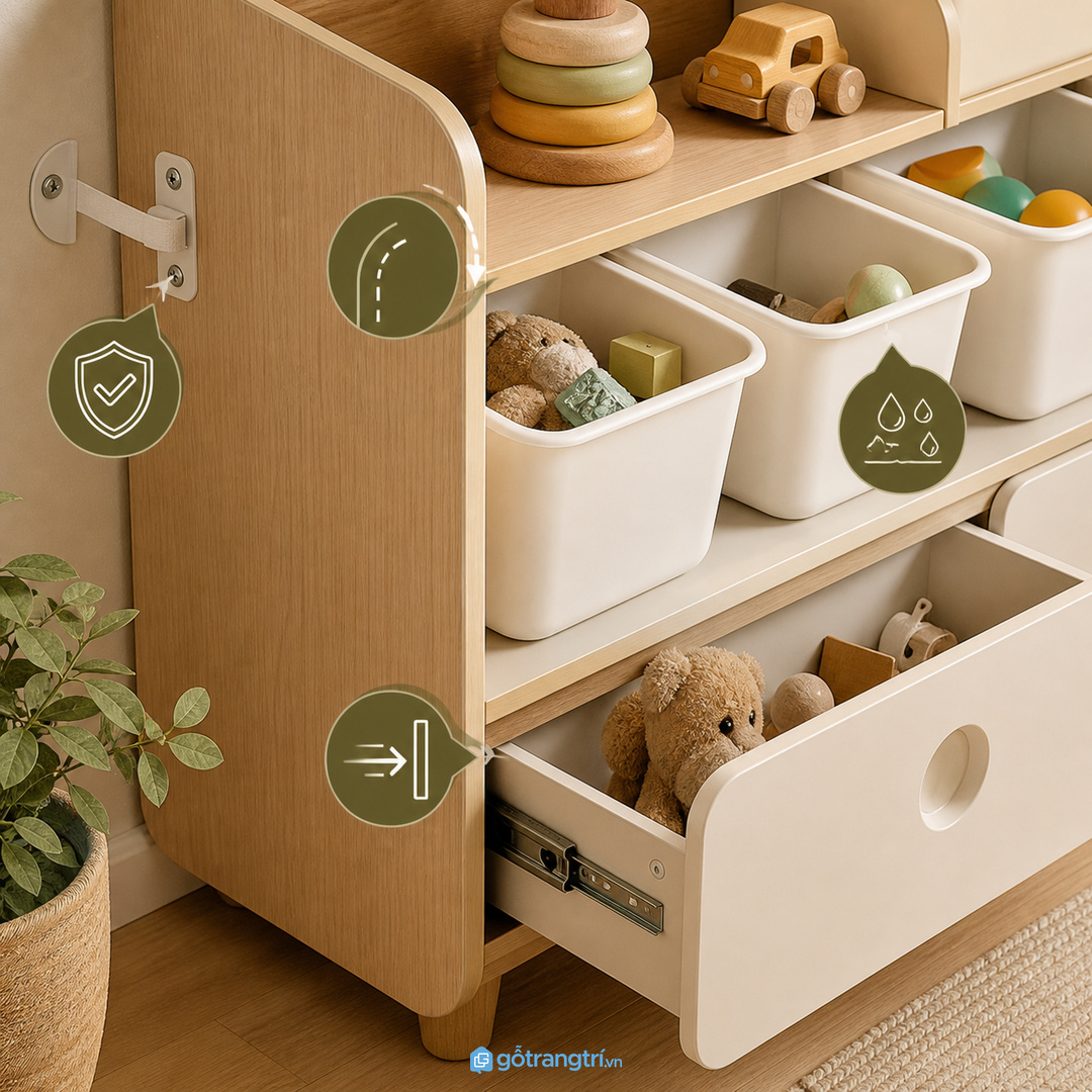 Bo góc, cố định tủ và dùng ray đóng êm giúp khu chơi an toàn hơn
