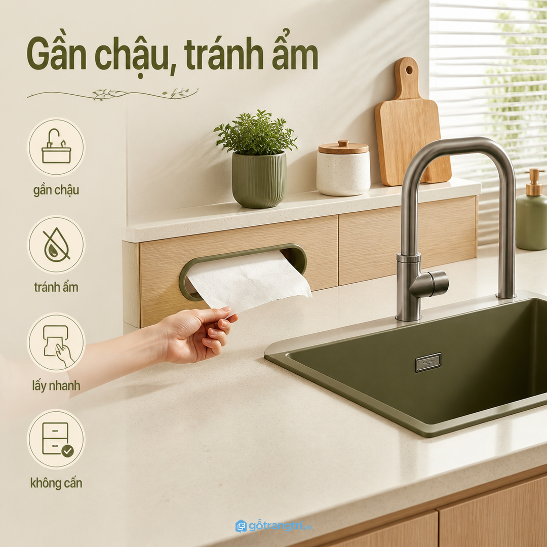 Chọn vị trí gần chậu rửa nhưng tránh nước bắn trực tiếp