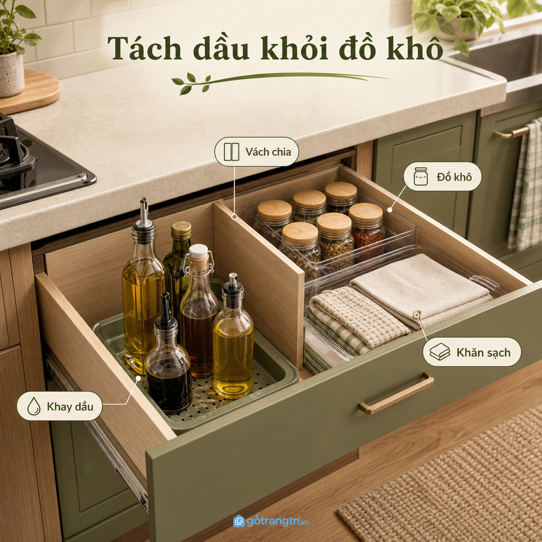 Tách dầu mỡ khỏi khăn sạch, đồ khô và gia vị dự phòng