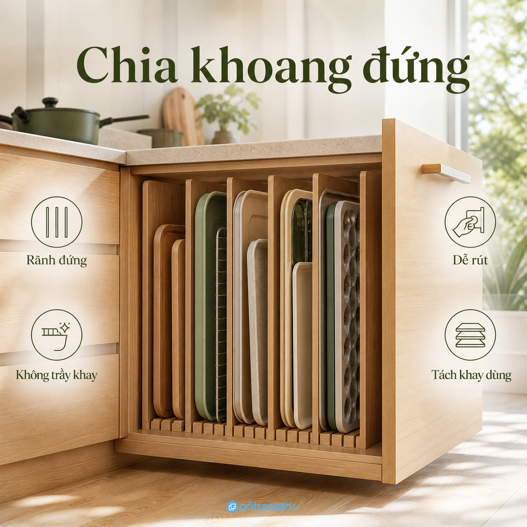 Chia khoang đứng giúp khay phẳng, sạch và dễ rút