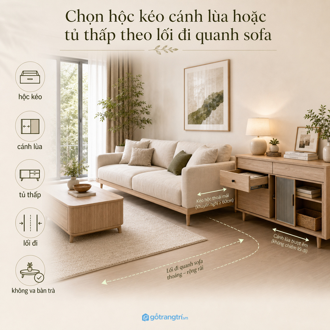 Chọn hộc kéo cánh lùa hoặc tủ thấp theo lối đi quanh sofa