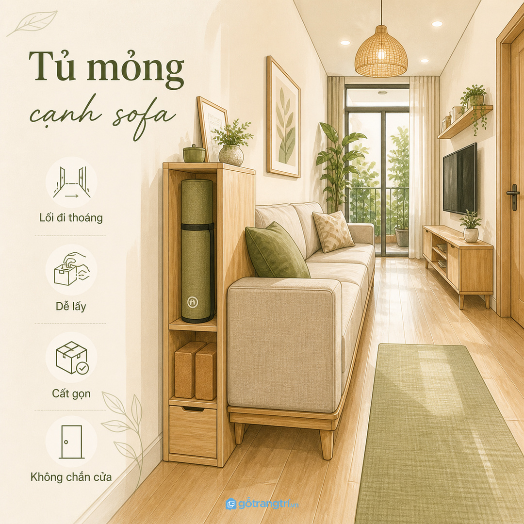 Chọn hộc kéo cánh thoáng hoặc tủ thấp theo lối đi quanh sofa