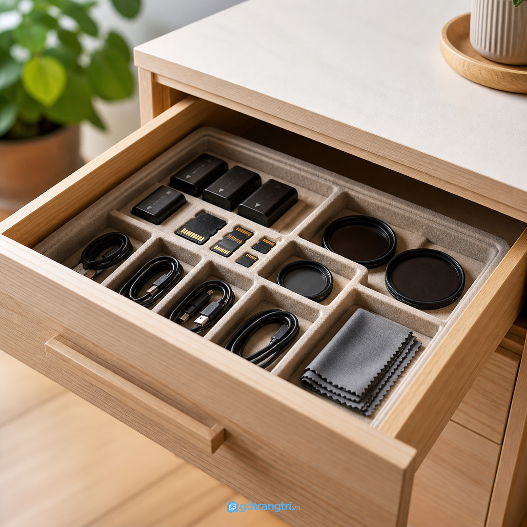 Chia ngăn theo body lens phụ kiện
