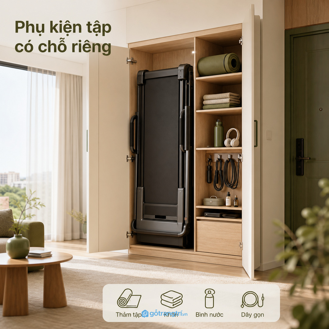 Chừa khoang cho thảm tập, khăn, bình nước và dây nguồn để tập xong cất nhanh