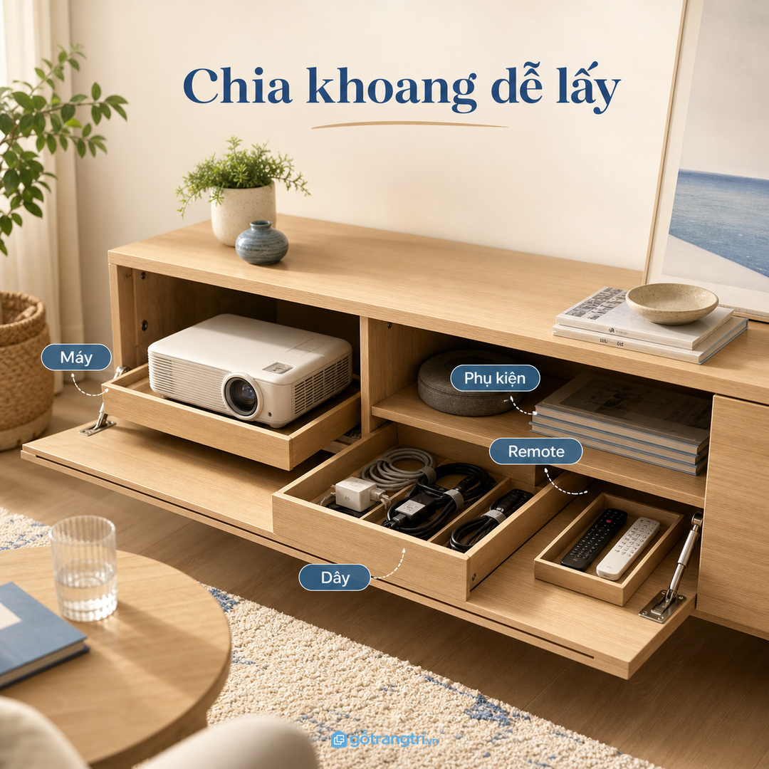 Chia khoang máy chiếu remote và phụ kiện