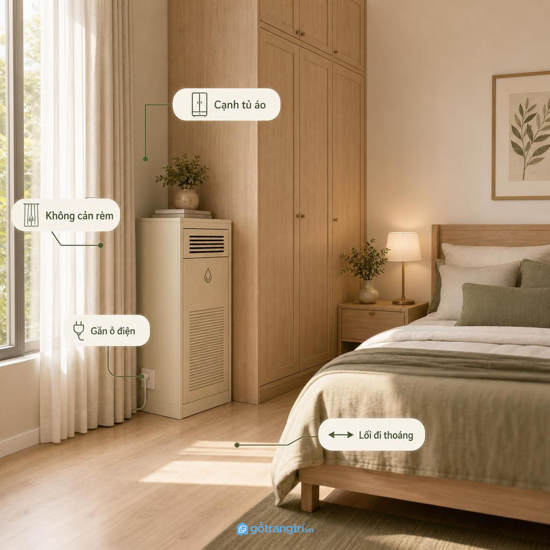 Chọn vị trí cạnh tủ áo hoặc gần ổ điện nhưng không cản rèm và lối đi