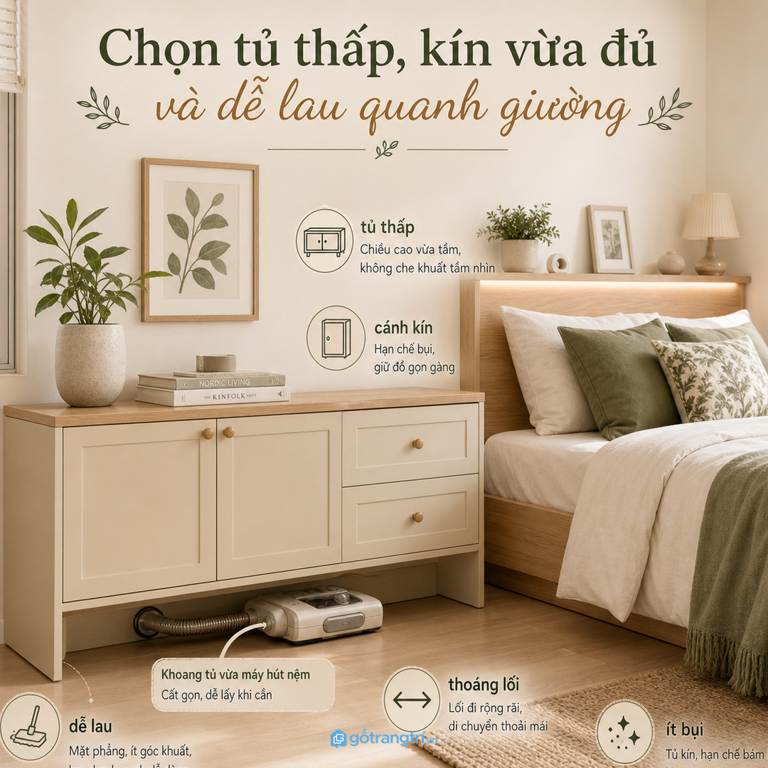 Tủ thấp kín vừa đủ giúp phòng ngủ gọn và dễ lau hơn