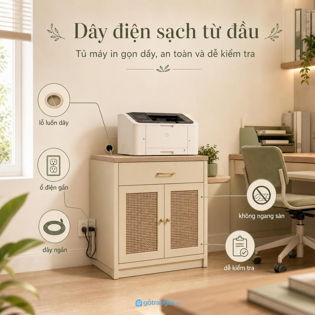 Lỗ luồn dây và ổ điện giúp góc in sạch, an toàn hơn