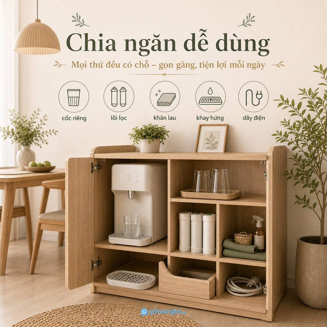 Chia ngăn riêng cho cốc lõi lọc khăn lau khay hứng và dây điện