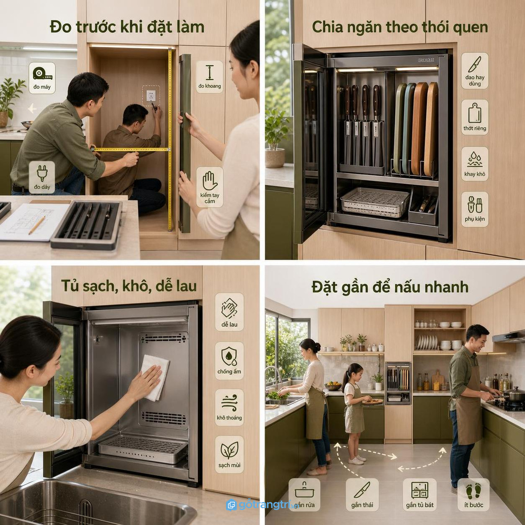 Đo máy, tay cầm, dây điện và chiều cao khoang trước khi đặt làm tủ