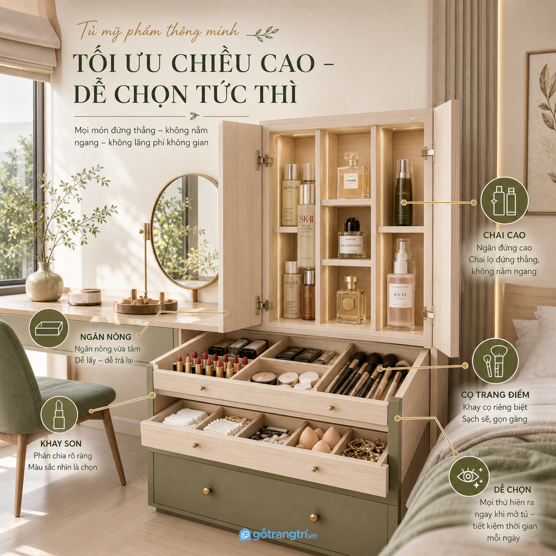 Chia ngăn cao thấp cho skincare và makeup