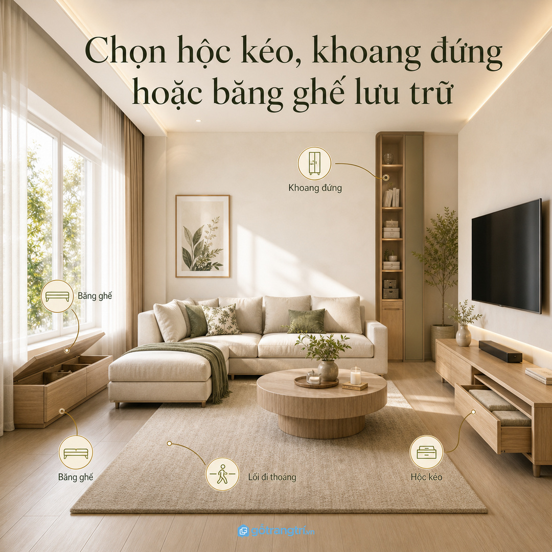 Chọn hộc kéo, khoang đứng hoặc băng ghế lưu trữ theo lối đi