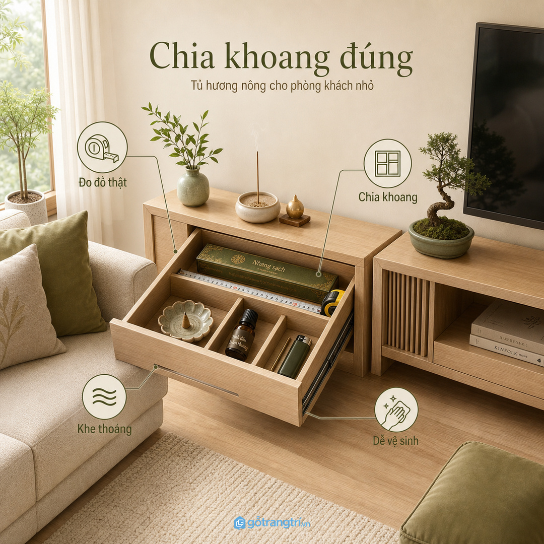 Chọn hộc kéo, cánh lùa hoặc khoang mở theo vị trí sofa và kệ tivi