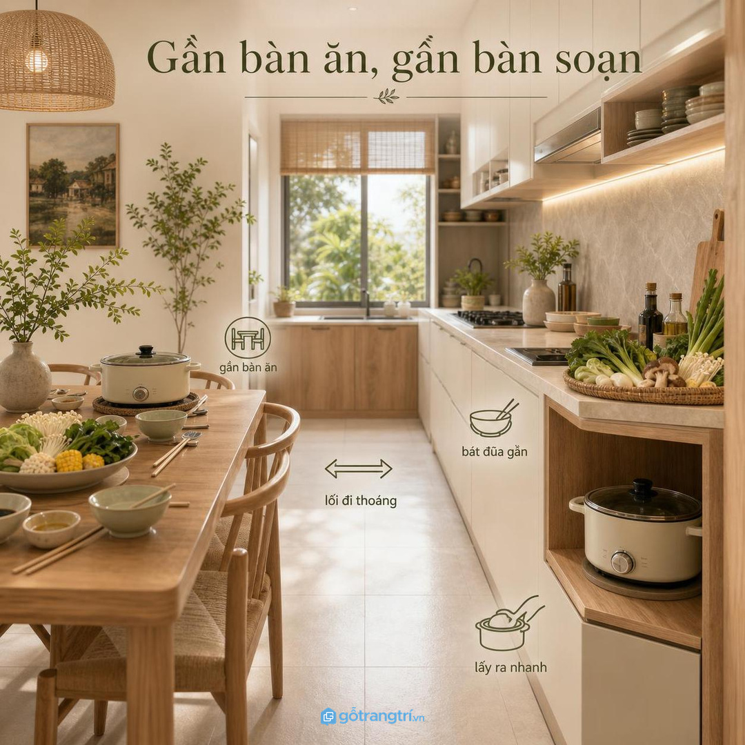 Vị trí gần bàn ăn hoặc bàn soạn giúp lấy nồi nhanh hơn