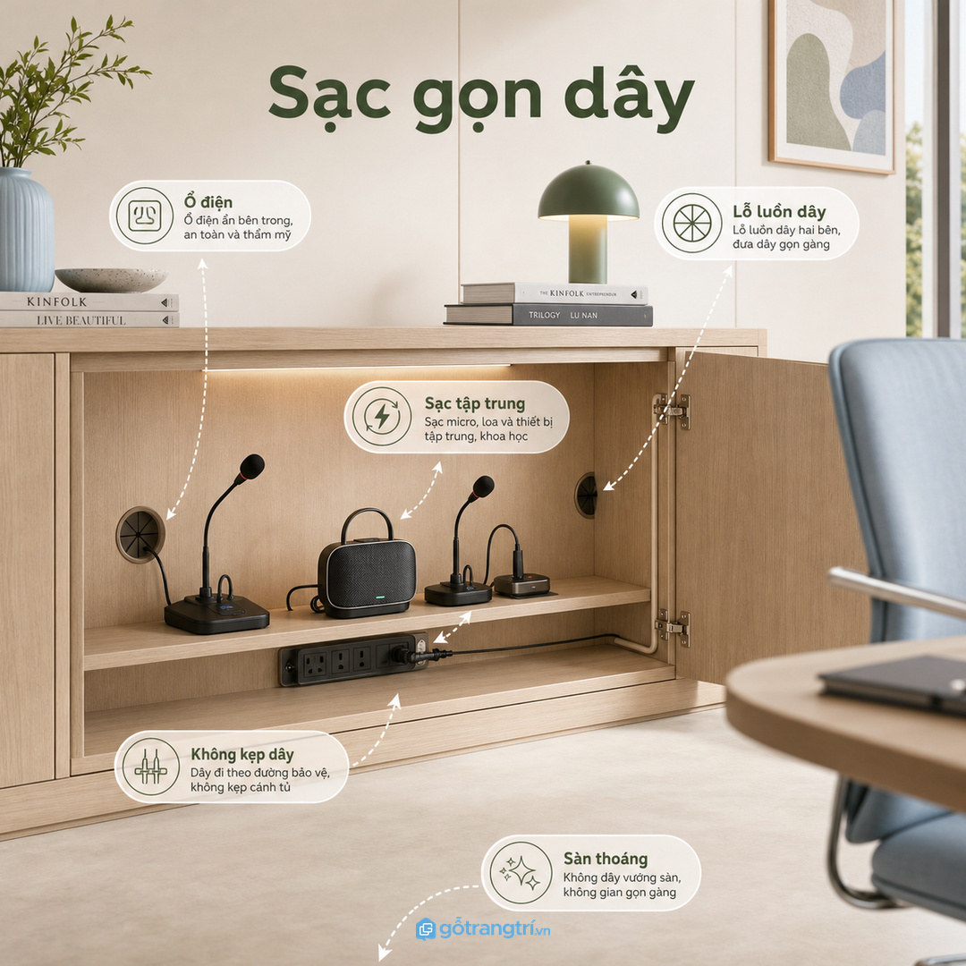 Bố trí ổ điện và lỗ luồn dây để sạc gọn sau mỗi buổi họp