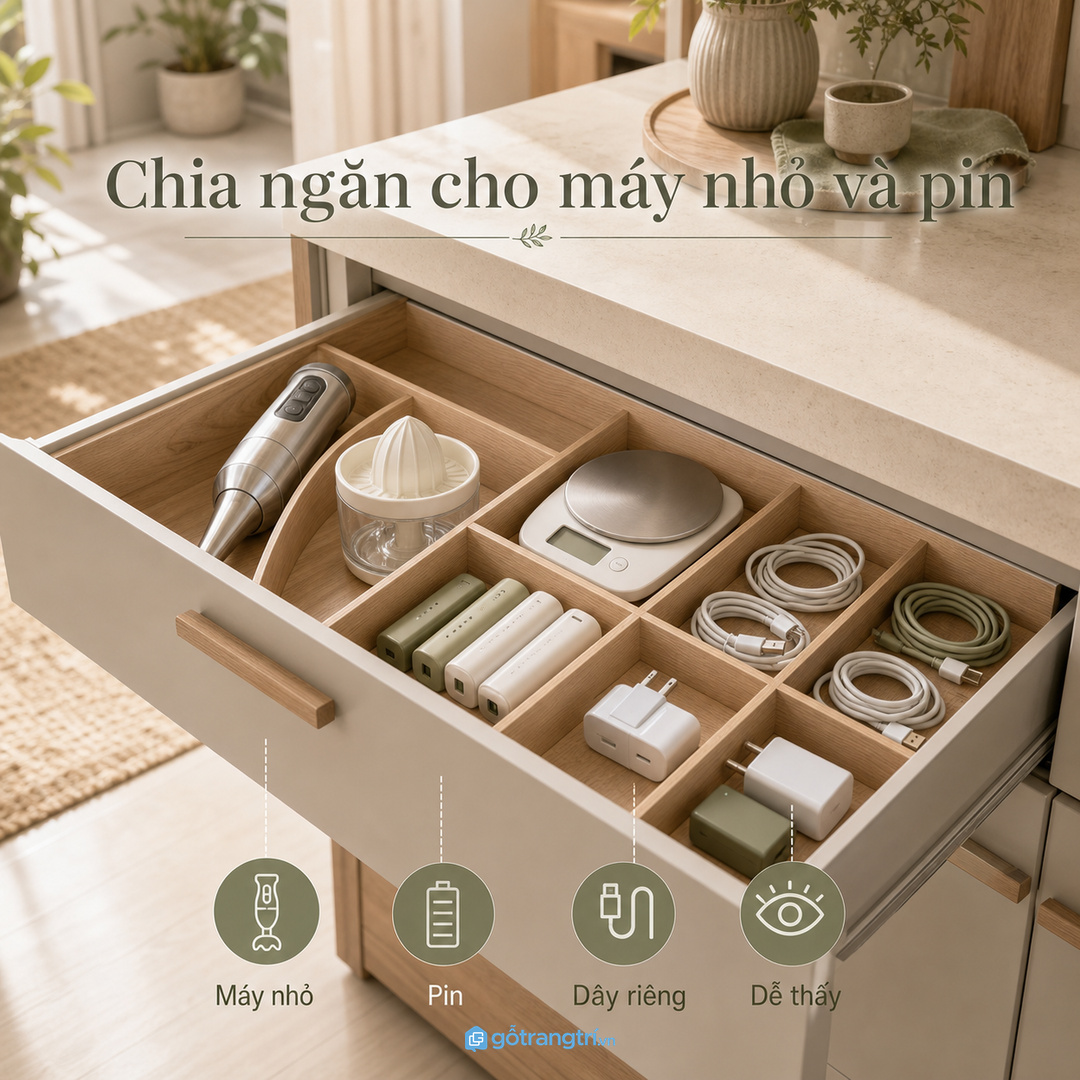 Chia ngăn theo nhóm máy xay, máy ép, cân điện tử và pin dự phòng