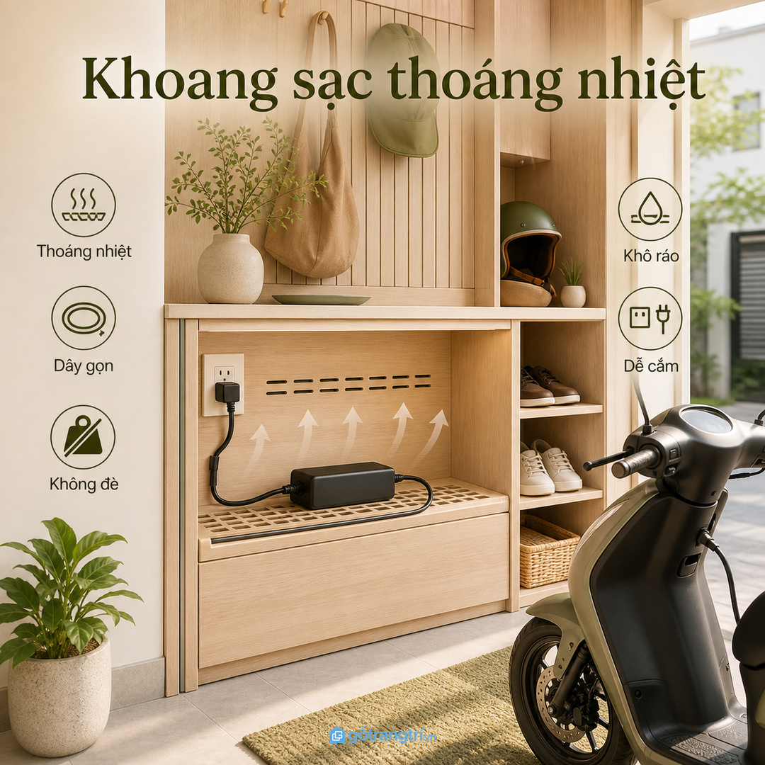 Khoang sạc cần thoáng nhiệt, khô và dễ rút dây khi cần