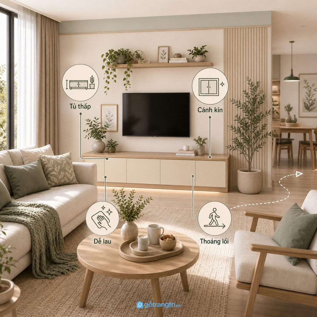 Tủ thấp cánh kín dễ lau giúp phòng khách không giống góc y tế