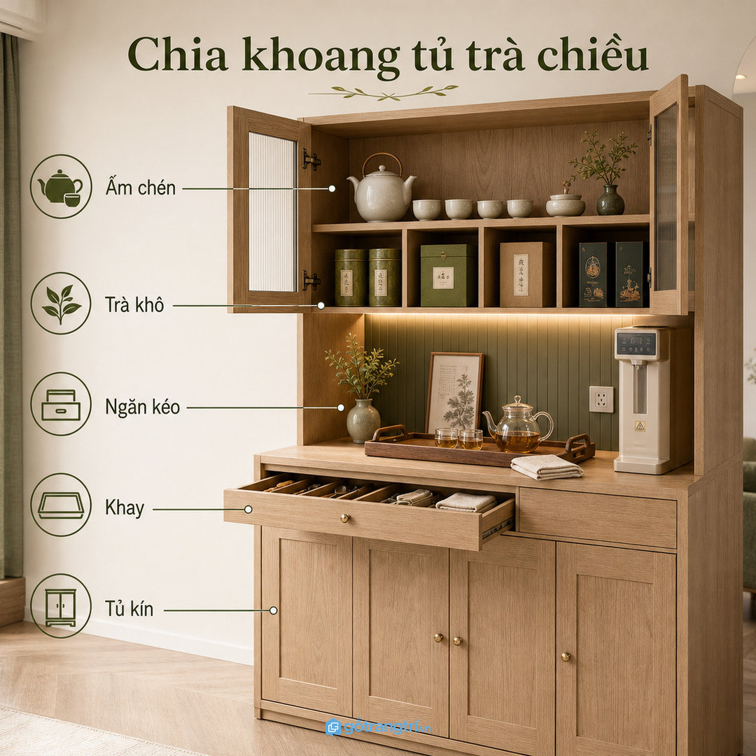 Chia khoang theo ấm chén, trà khô, khay và đồ dọn nhanh
