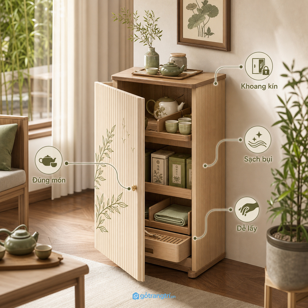 Chọn khoang kín vừa đủ để trà cụ sạch bụi và dễ lấy