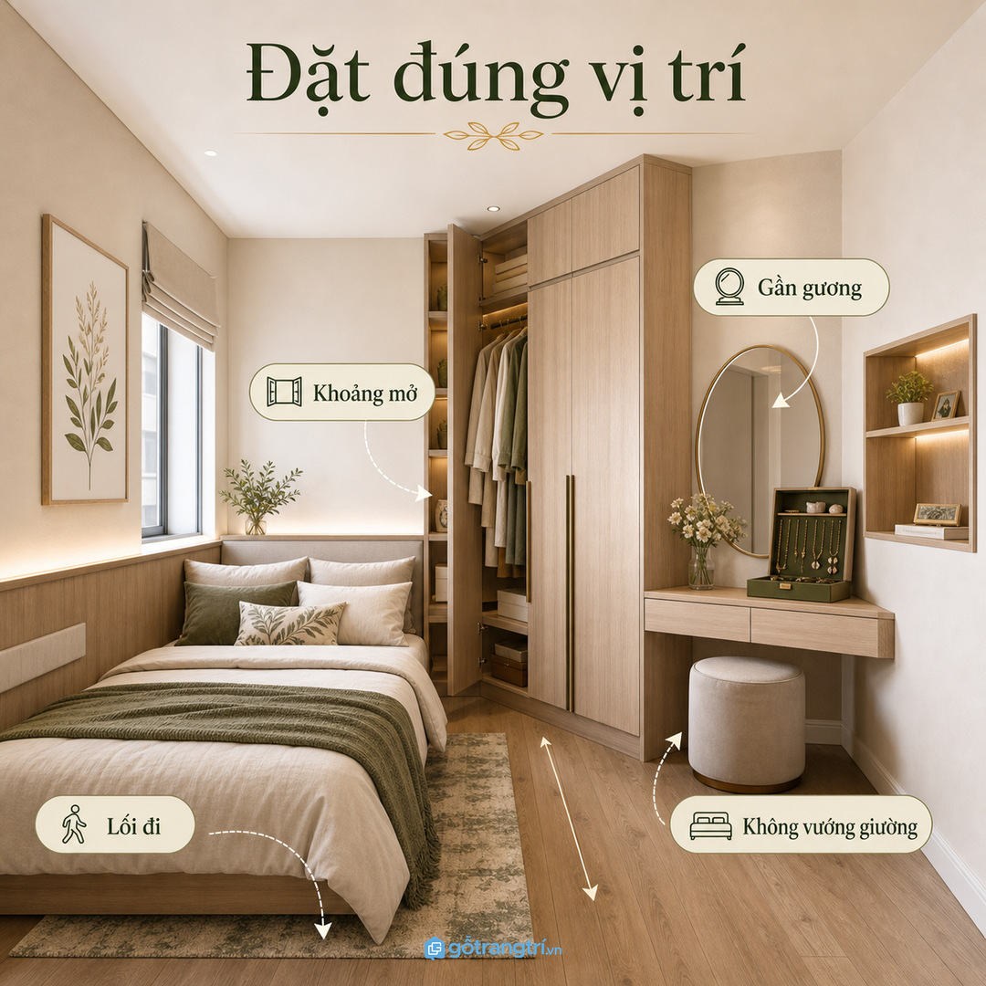 Vị trí tủ trang sức cần gần gương nhưng không vướng lối đi