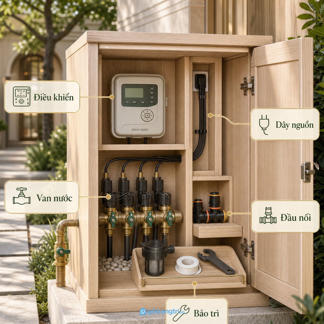 Chia khoang theo bộ điều khiển, van nước, dây nguồn và phụ kiện bảo trì