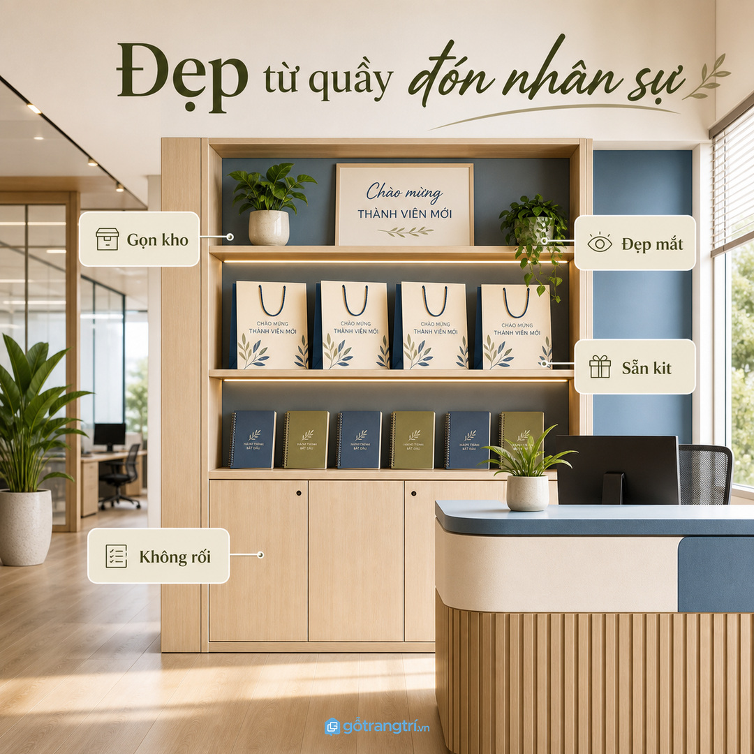 Tủ sau quầy lễ tân hoặc góc nhân sự giúp welcome kit đẹp mắt nhưng phần tồn kho vẫn gọn kín.