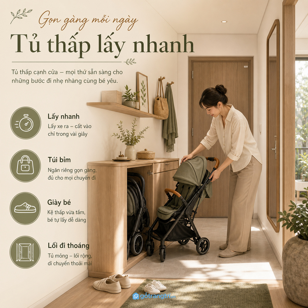 Khoang túi bỉm, khay bánh xe và móc treo giúp đồ đi chơi có trật tự