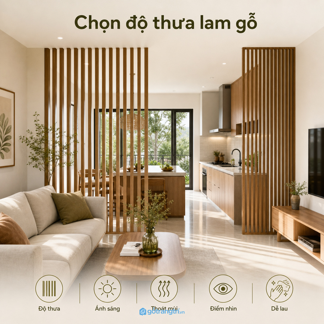 Chọn độ thưa lam gỗ hợp ánh sáng và mùi bếp