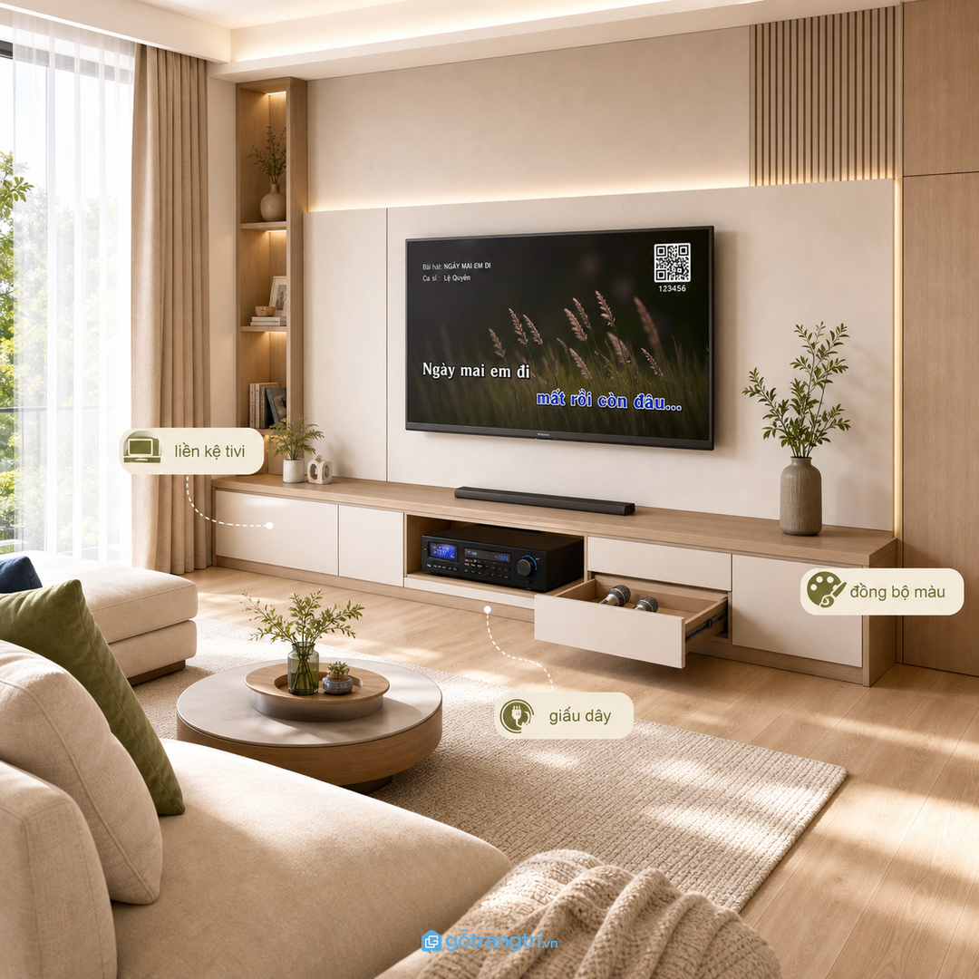 Phối tủ karaoke mini với kệ tivi để phòng khách liền mạch