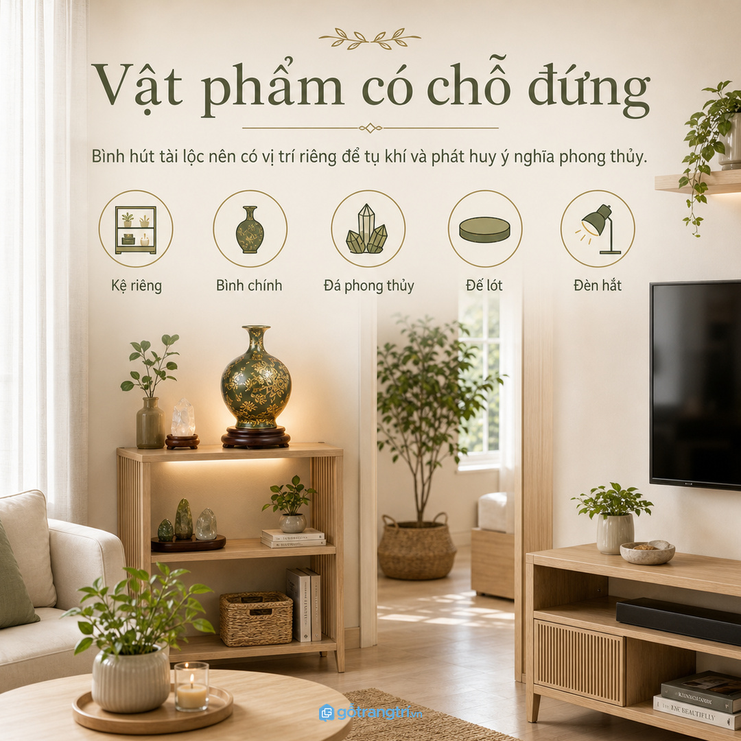 Ánh sáng dịu và nền gọn giúp bình hút tài lộc nổi bật hơn