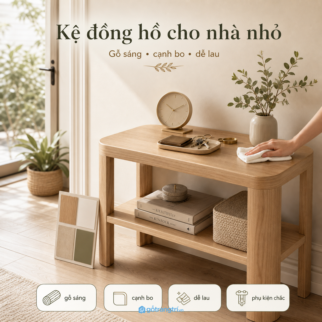 Màu gỗ sáng, cạnh bo và mặt dễ lau giúp kệ bền hơn