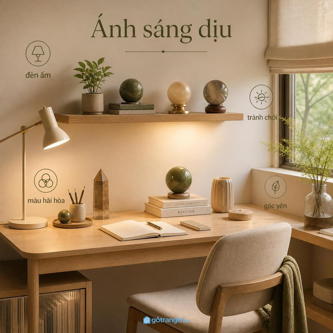 Ánh sáng dịu và màu hài hòa giúp góc làm việc yên hơn