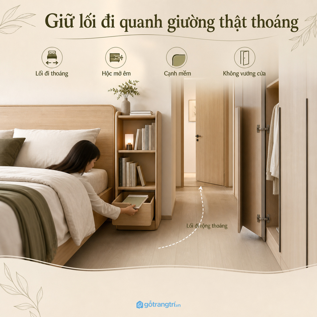 Kệ mỏng hoặc kệ treo giúp phòng ngủ nhỏ giữ lối đi thoáng