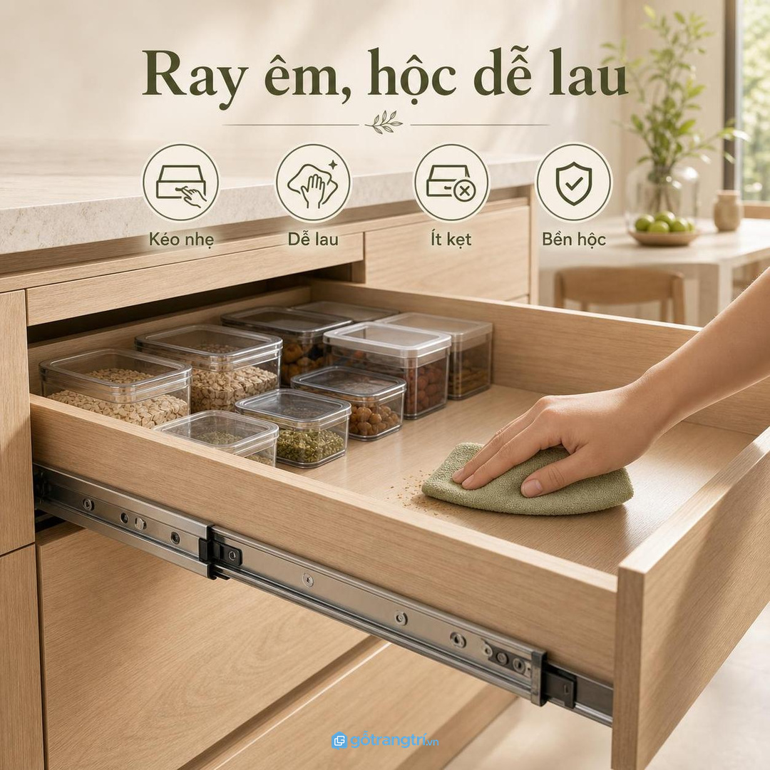 Ray êm và mặt trong dễ lau giúp ngăn kéo hộp nhựa dùng bền