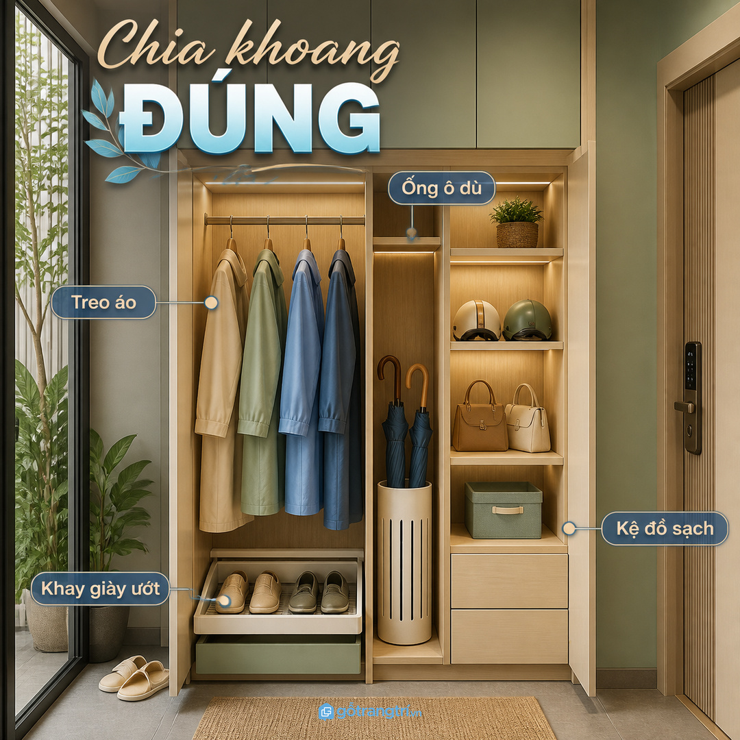 Chia khoang treo áo, để ô, khay giày ướt và kệ đồ sạch