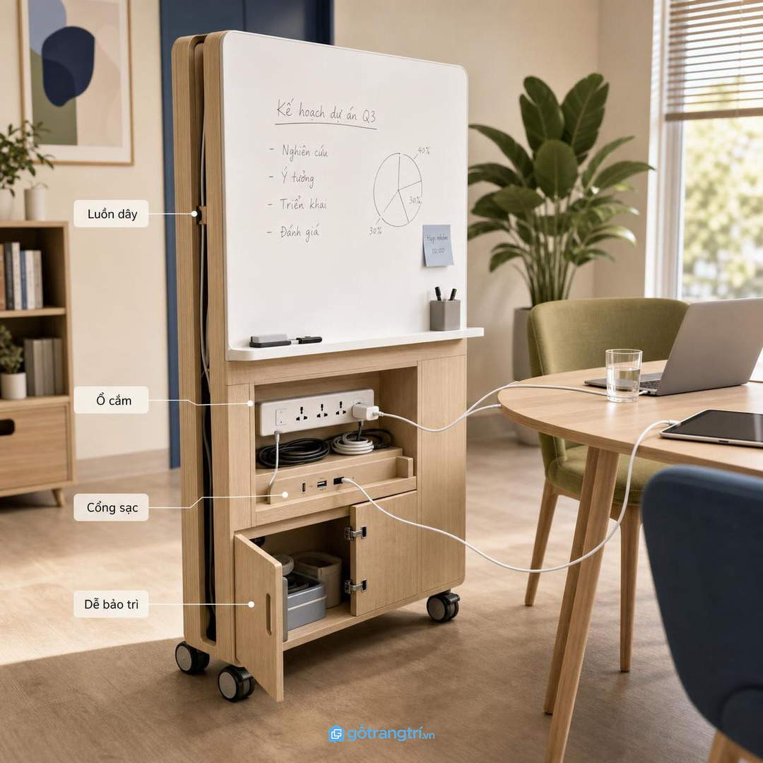 Luồn dây và ổ cắm có kiểm soát giúp tủ gọn nhưng vẫn dễ bảo trì