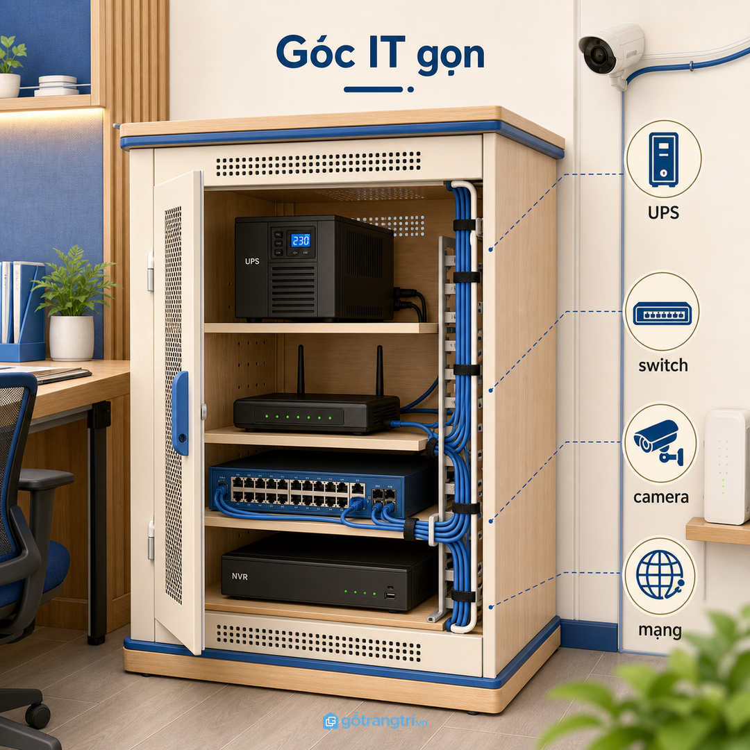 Văn phòng IT nhỏ cần tủ UPS gần modem, switch và camera