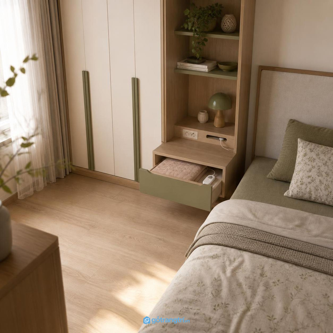 Vị trí gần giường giúp lấy chăn nhanh nhưng vẫn giữ phòng gọn