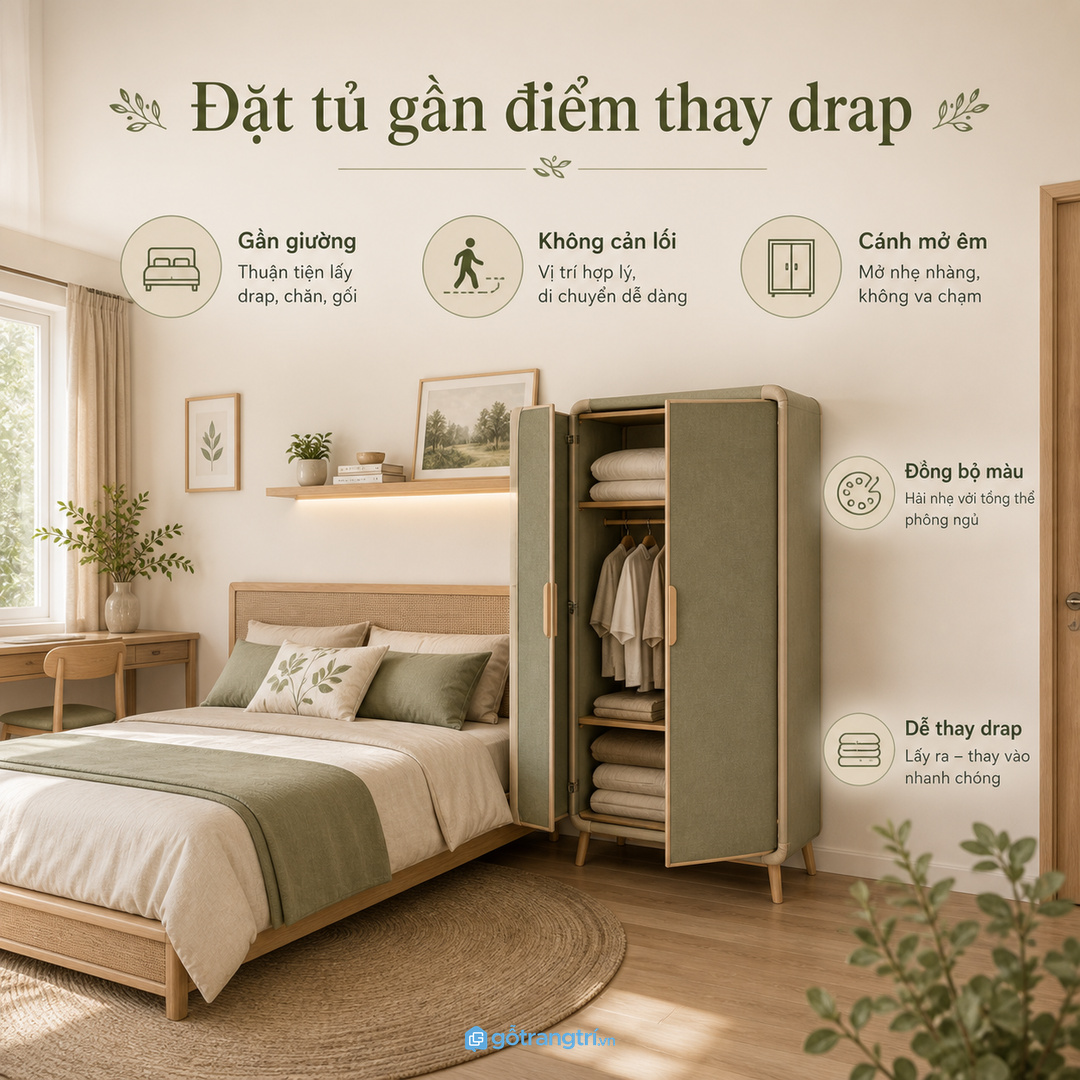 Đặt tủ gần điểm thay drap nhưng không cản lối đi quanh giường