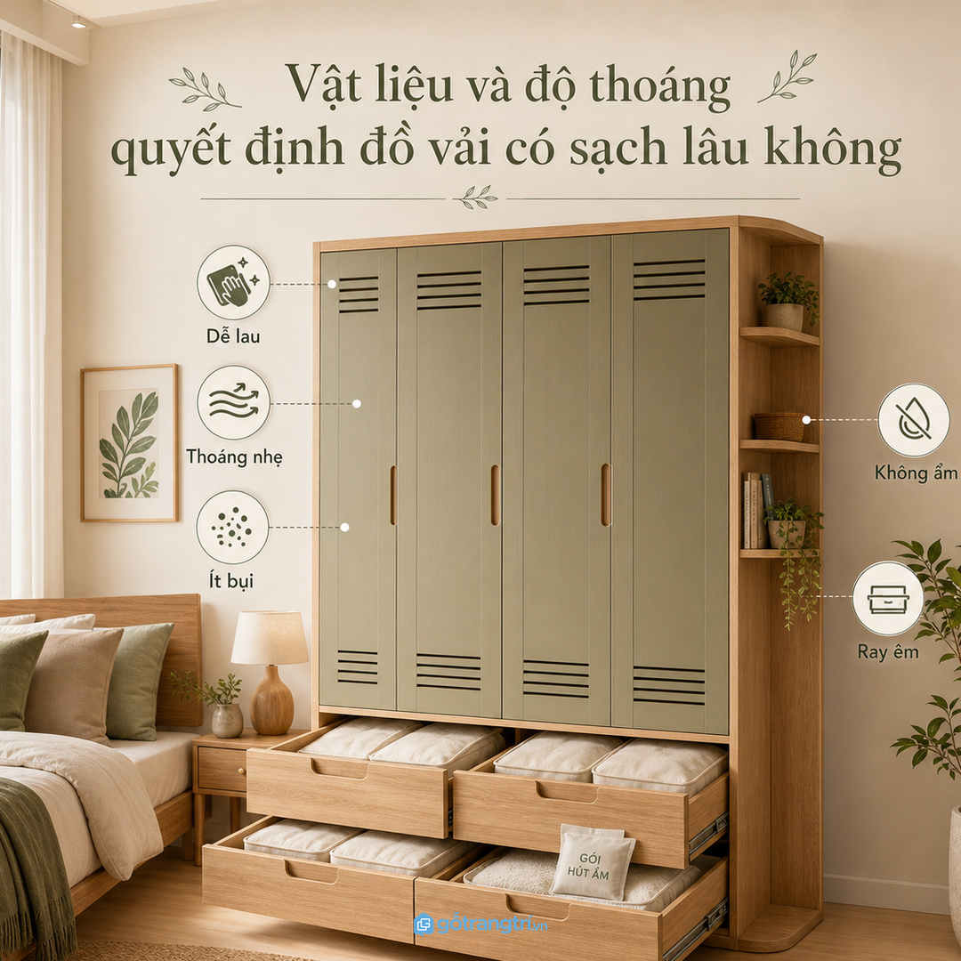 Vật liệu dễ lau và khoang thoáng giúp đồ vải sạch lâu hơn