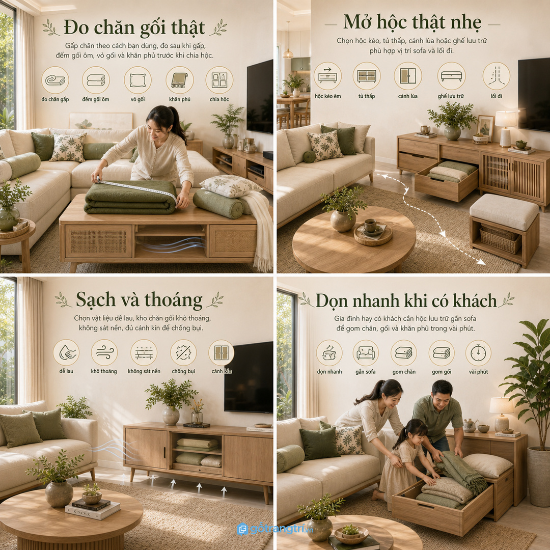 Ưu tiên vật liệu dễ lau, thoáng khí và màu đồng bộ phòng khách